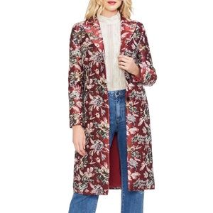 VINCE CAMUTO- long floral tapestry burgundy coat